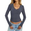 imageWomens Cotton Long Sleeve Shirts V Neck Slim Fit Tops Basic Tees Going Out Outfits 2025 Fall SpringDark Grey