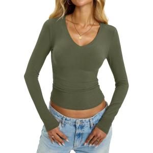 Womens Cotton Long Sleeve Shirts V Neck Slim Fit Tops Basic Tees Going Out Outfits 2025 Fall Spring(Army Green)