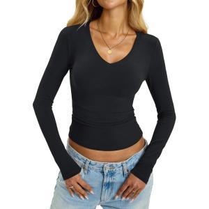 Womens Cotton Long Sleeve Shirts V Neck Slim Fit Tops Basic Tees Going Out Outfits 2025 Fall Spring(Black)