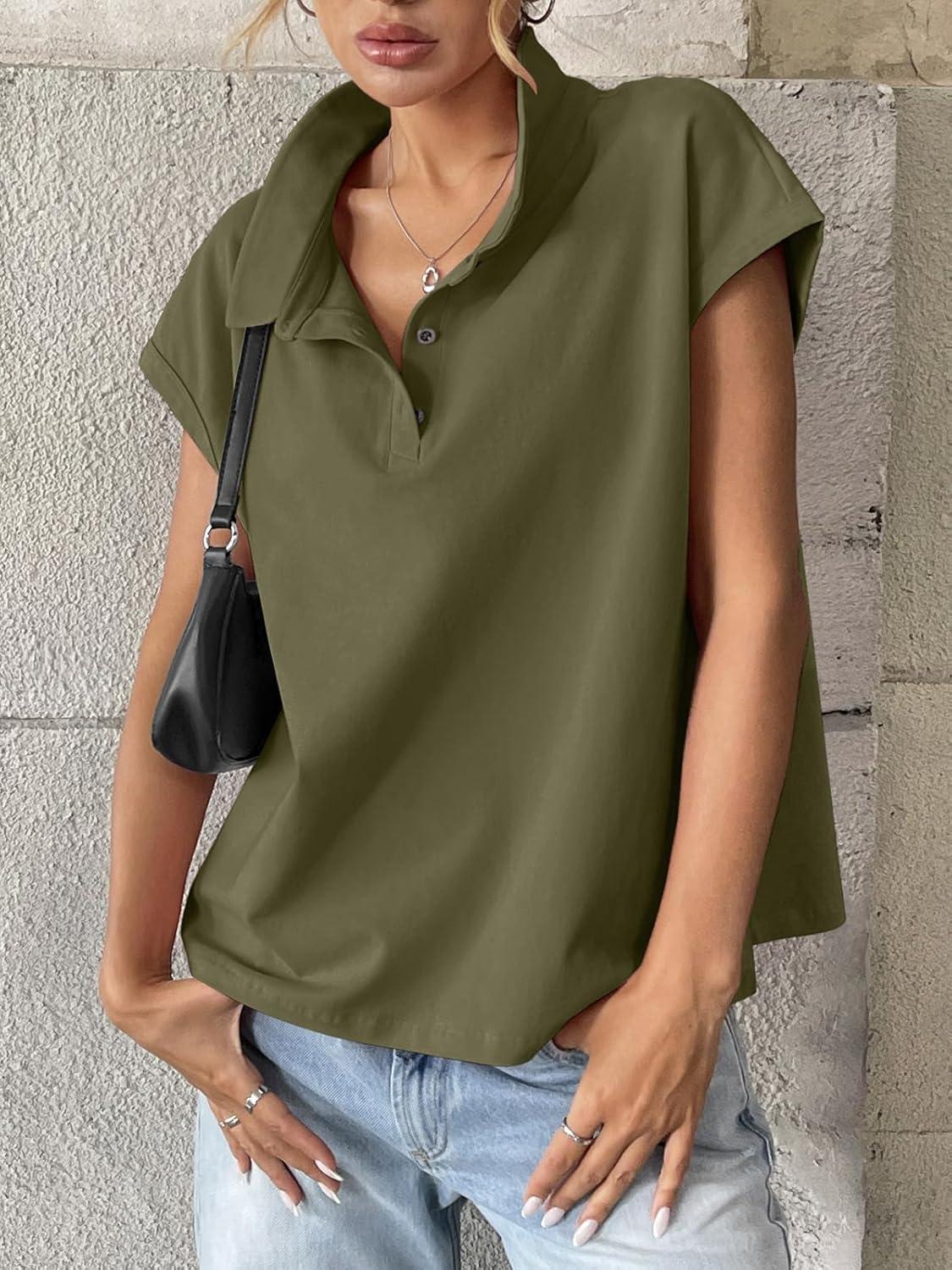 imageWomens Cotton Cap Sleeve Polo Shirts Oversized Short Sleeve Henley Neck Tops Summer Loose Fit Boxy TeesArmy Green