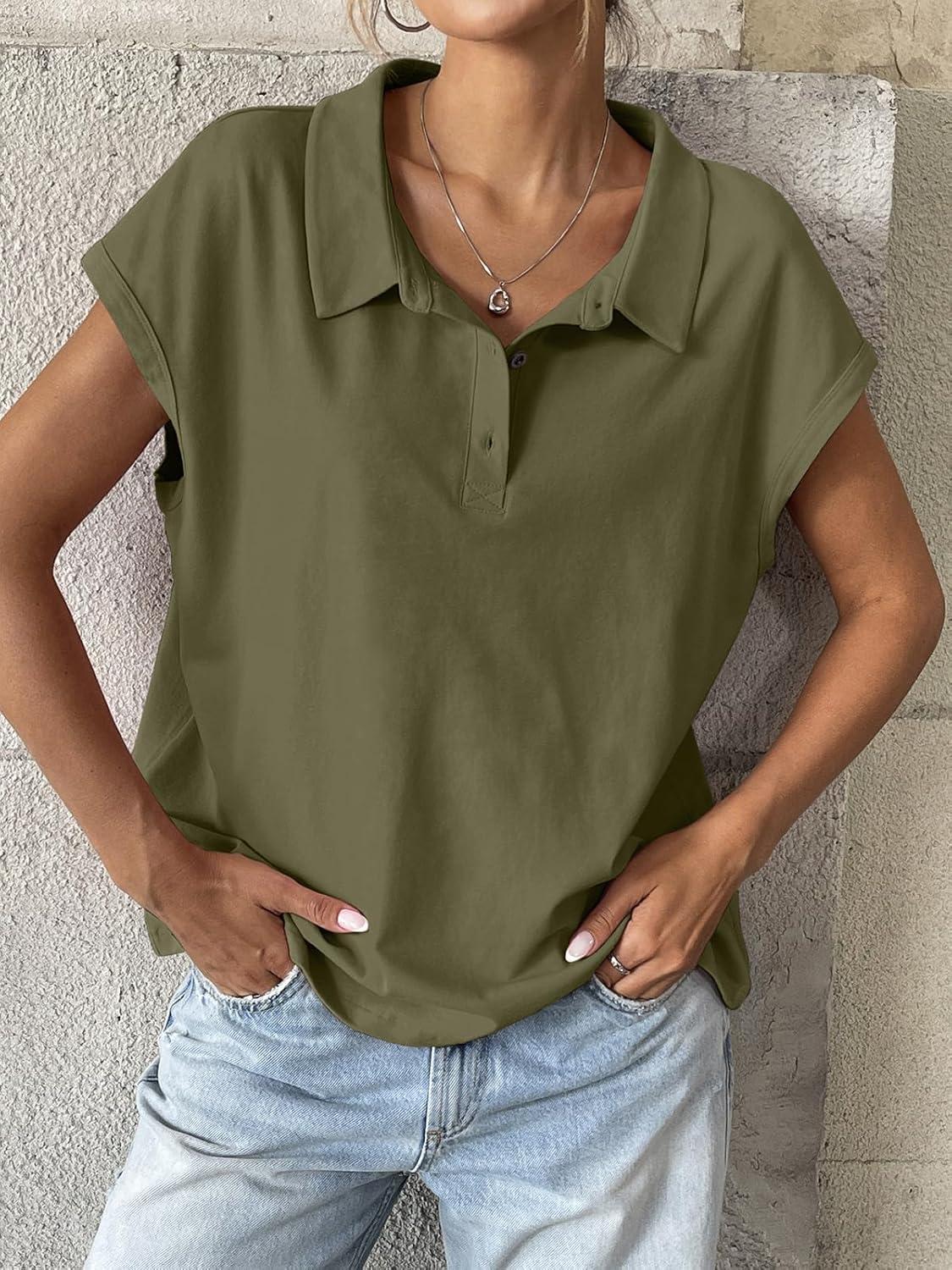 imageWomens Cotton Cap Sleeve Polo Shirts Oversized Short Sleeve Henley Neck Tops Summer Loose Fit Boxy TeesArmy Green
