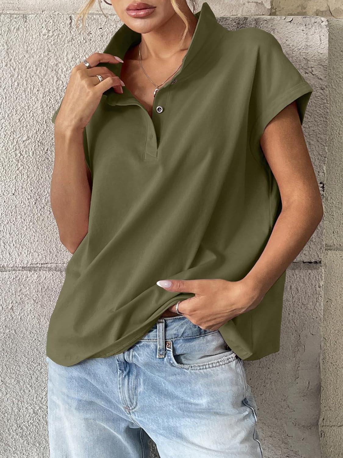 imageWomens Cotton Cap Sleeve Polo Shirts Oversized Short Sleeve Henley Neck Tops Summer Loose Fit Boxy TeesArmy Green