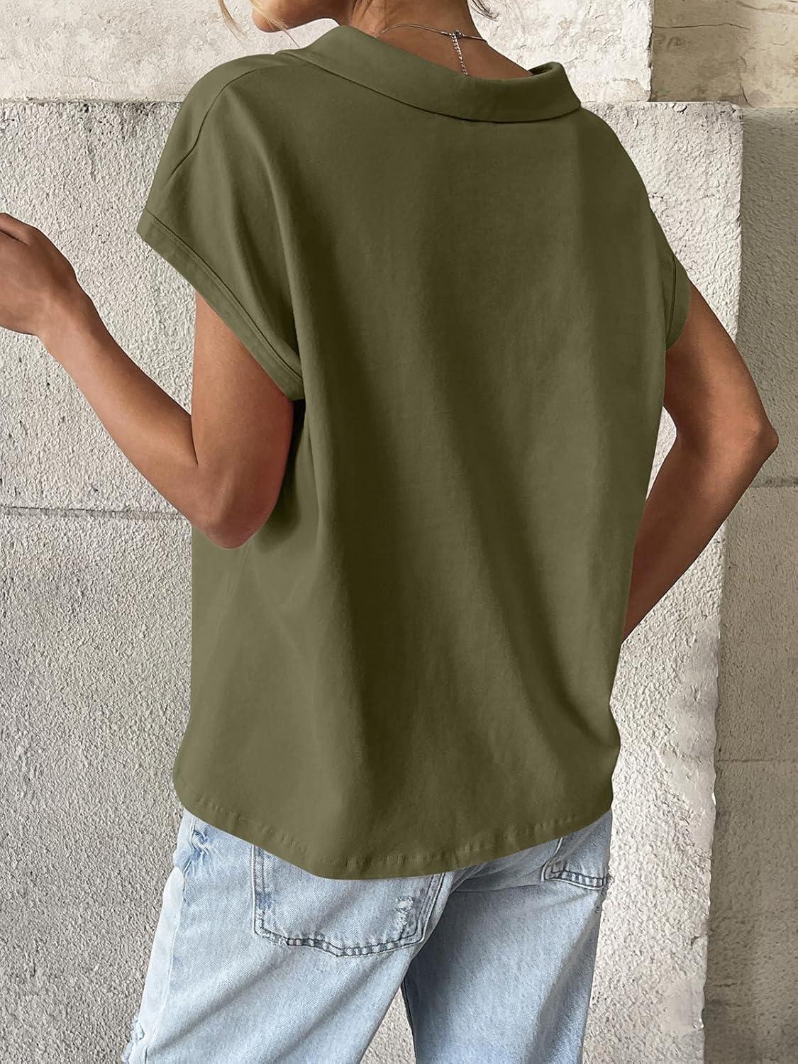 imageWomens Cotton Cap Sleeve Polo Shirts Oversized Short Sleeve Henley Neck Tops Summer Loose Fit Boxy TeesArmy Green