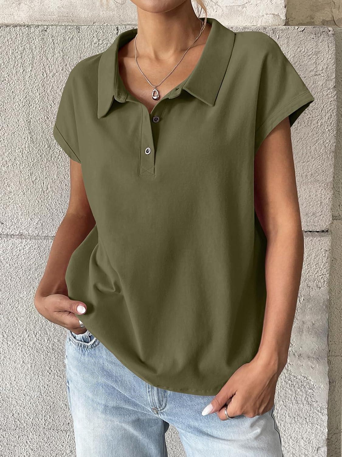 imageWomens Cotton Cap Sleeve Polo Shirts Oversized Short Sleeve Henley Neck Tops Summer Loose Fit Boxy TeesArmy Green