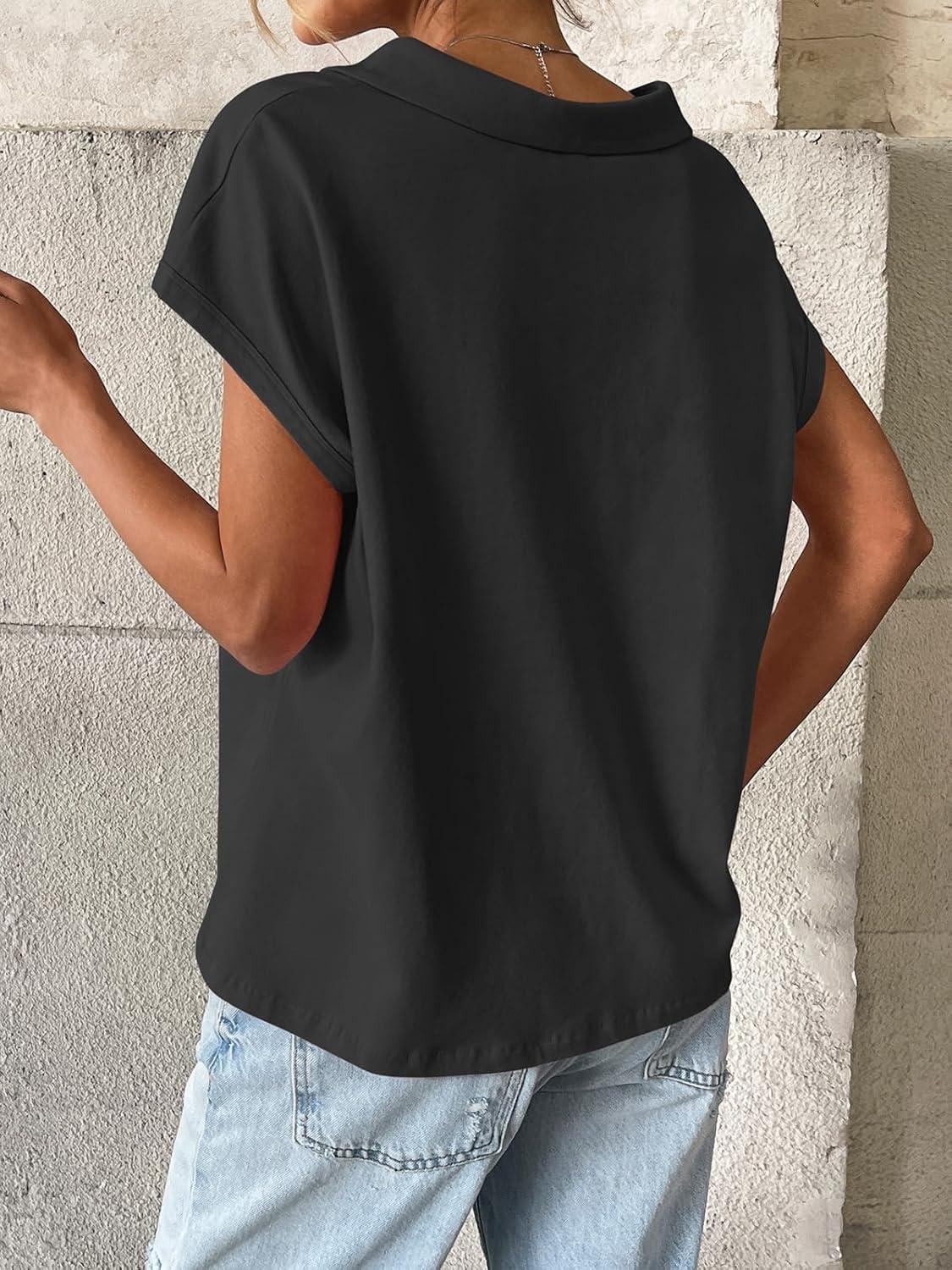 imageWomens Cotton Cap Sleeve Polo Shirts Oversized Short Sleeve Henley Neck Tops Summer Loose Fit Boxy TeesBlack