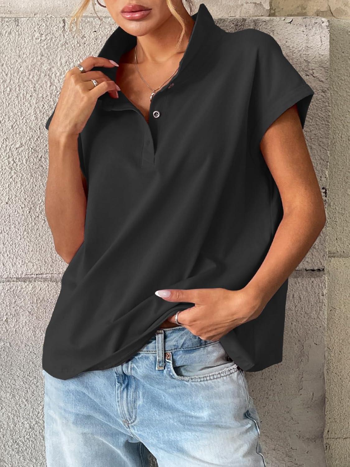 imageWomens Cotton Cap Sleeve Polo Shirts Oversized Short Sleeve Henley Neck Tops Summer Loose Fit Boxy TeesBlack