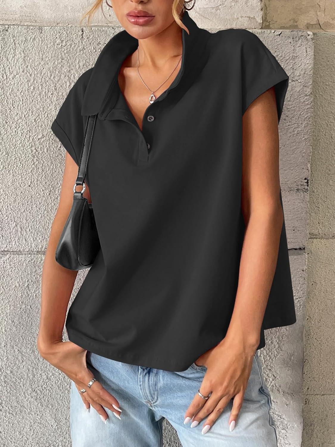 imageWomens Cotton Cap Sleeve Polo Shirts Oversized Short Sleeve Henley Neck Tops Summer Loose Fit Boxy TeesBlack