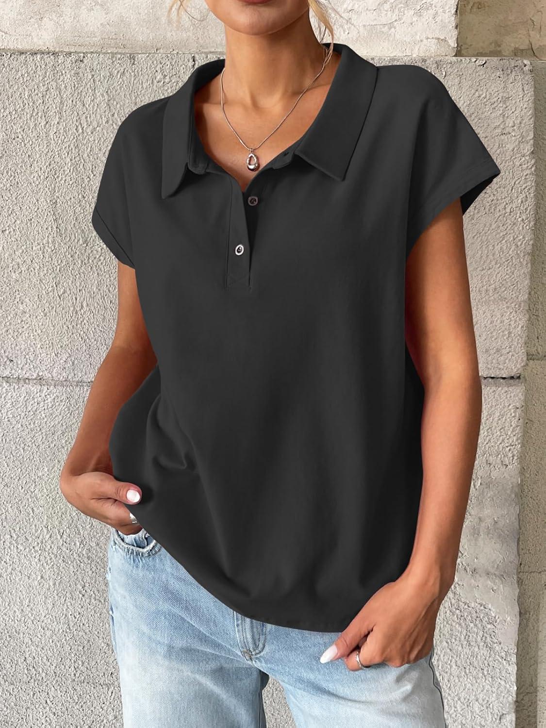 imageWomens Cotton Cap Sleeve Polo Shirts Oversized Short Sleeve Henley Neck Tops Summer Loose Fit Boxy TeesBlack