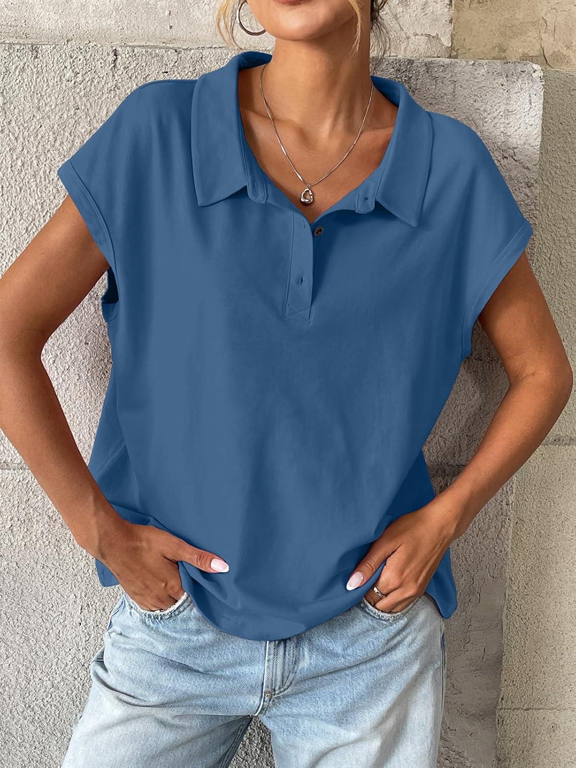 imageWomens Cotton Cap Sleeve Polo Shirts Oversized Short Sleeve Henley Neck Tops Summer Loose Fit Boxy TeesBlue