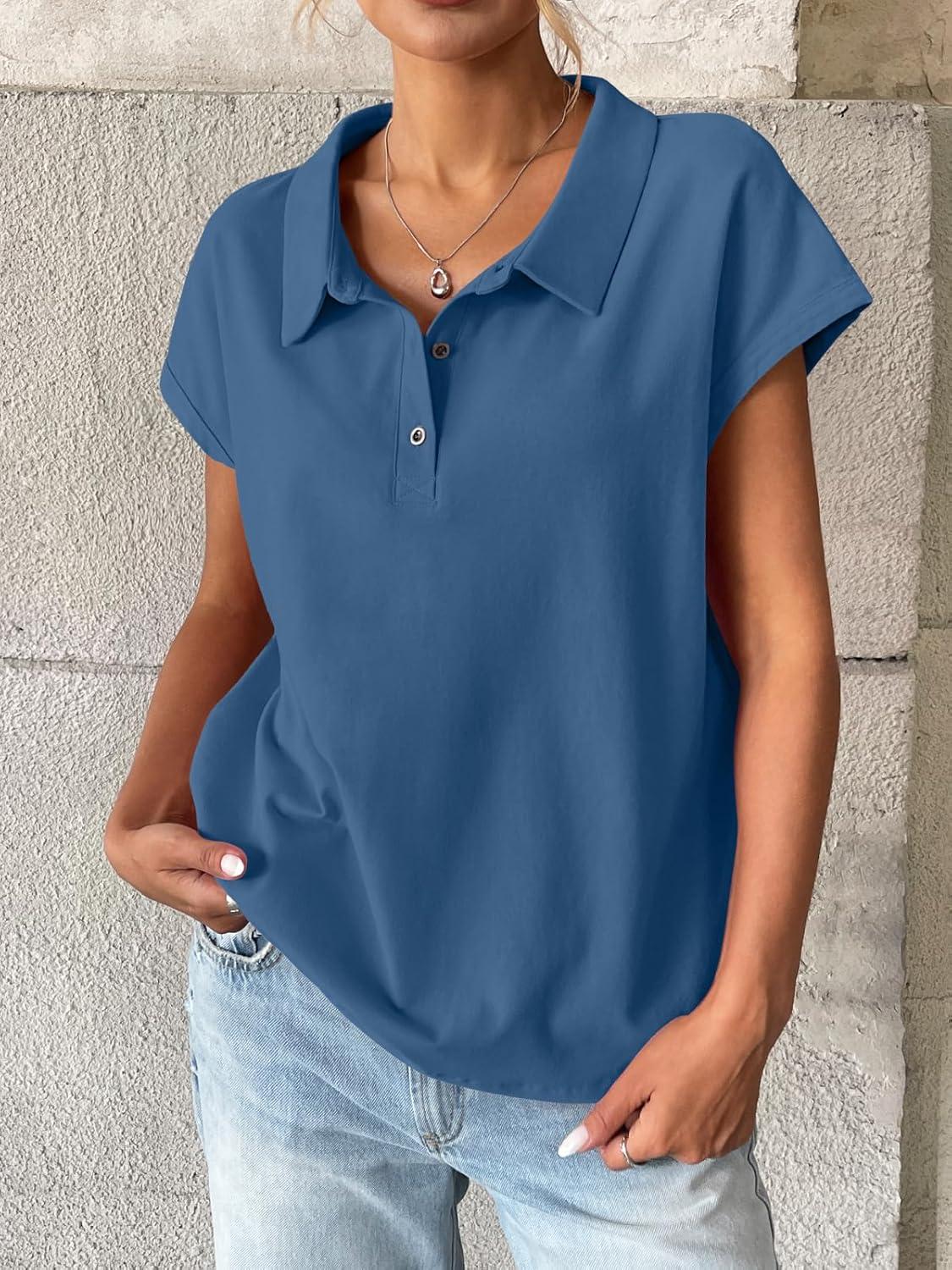 imageWomens Cotton Cap Sleeve Polo Shirts Oversized Short Sleeve Henley Neck Tops Summer Loose Fit Boxy TeesBlue