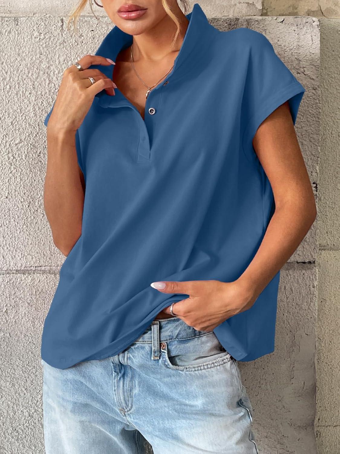imageWomens Cotton Cap Sleeve Polo Shirts Oversized Short Sleeve Henley Neck Tops Summer Loose Fit Boxy TeesBlue