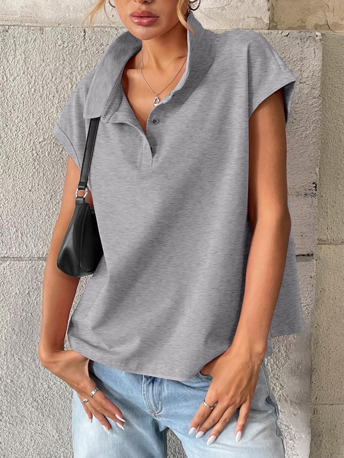 imageWomens Cotton Cap Sleeve Polo Shirts Oversized Short Sleeve Henley Neck Tops Summer Loose Fit Boxy TeesDark Grey