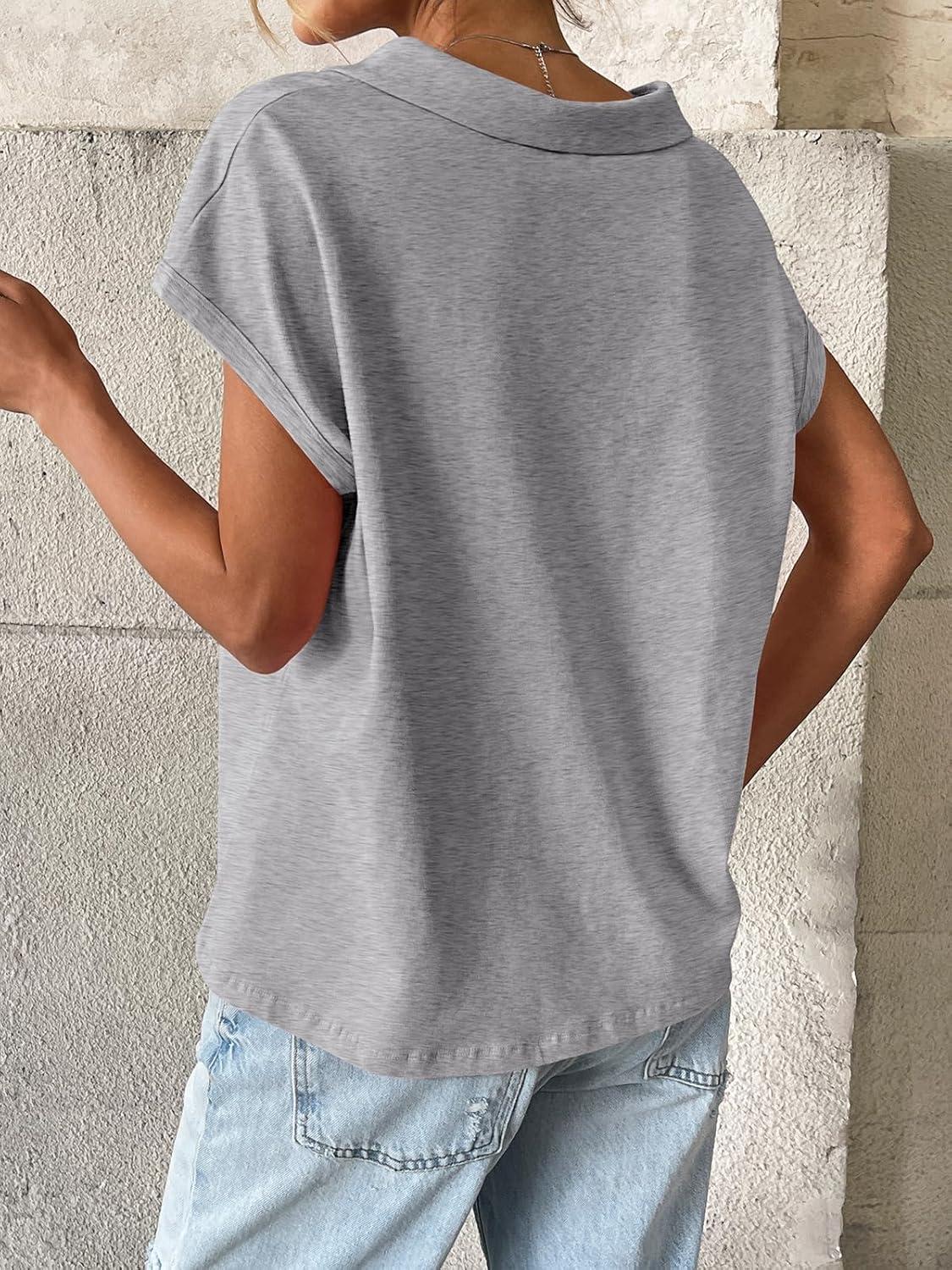 imageWomens Cotton Cap Sleeve Polo Shirts Oversized Short Sleeve Henley Neck Tops Summer Loose Fit Boxy TeesDark Grey