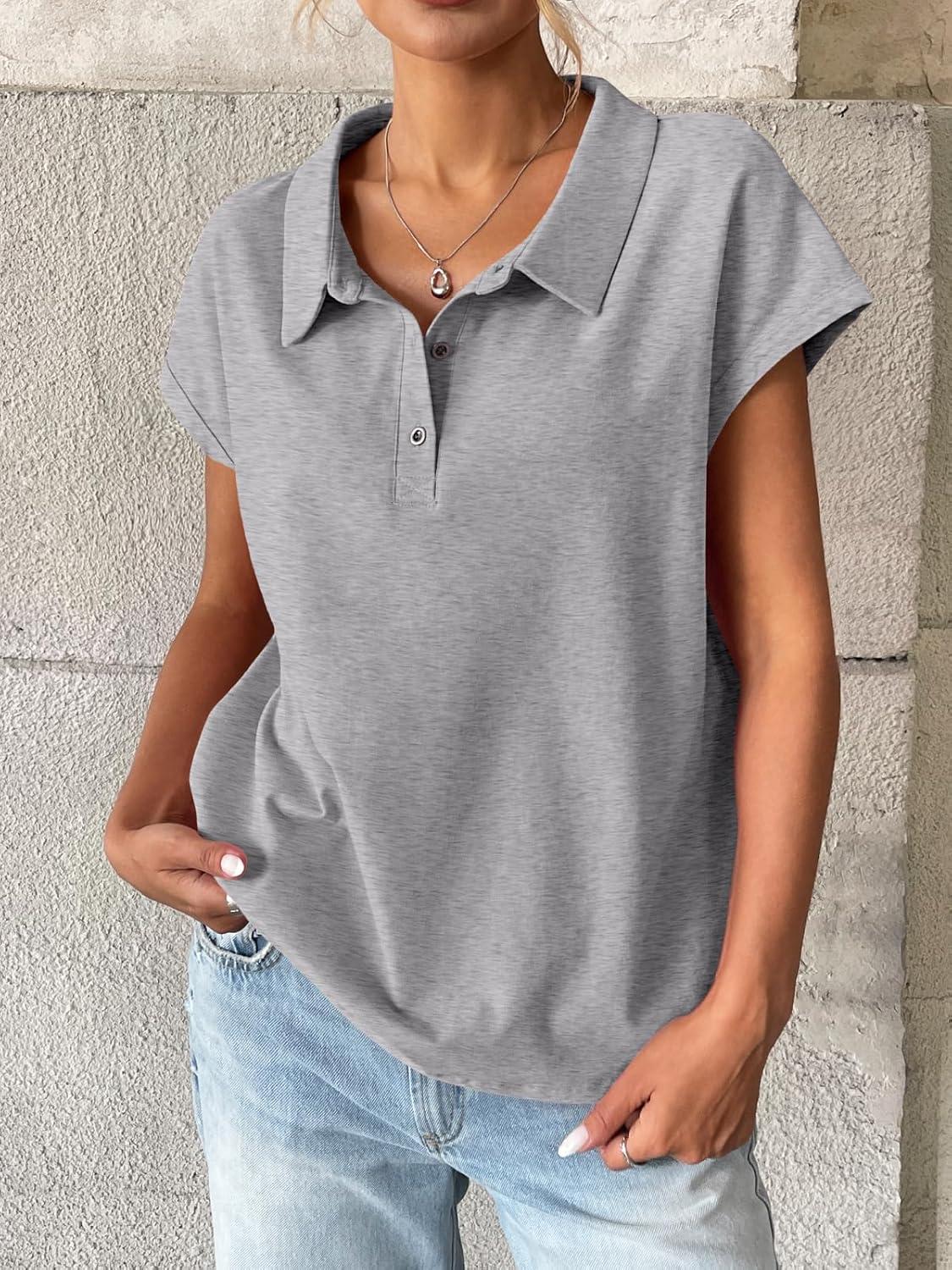 imageWomens Cotton Cap Sleeve Polo Shirts Oversized Short Sleeve Henley Neck Tops Summer Loose Fit Boxy TeesDark Grey