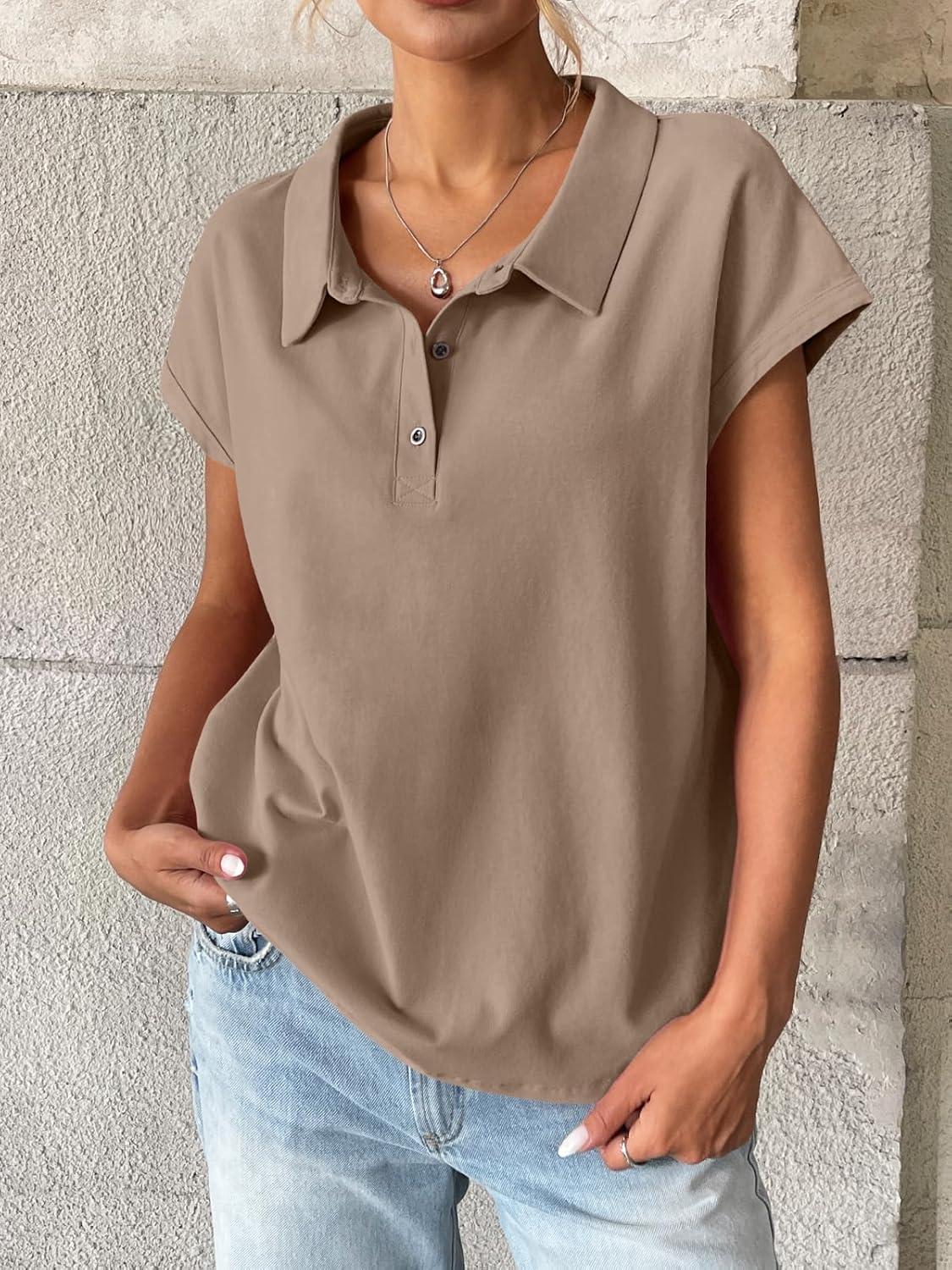 imageWomens Cotton Cap Sleeve Polo Shirts Oversized Short Sleeve Henley Neck Tops Summer Loose Fit Boxy TeesKhaki