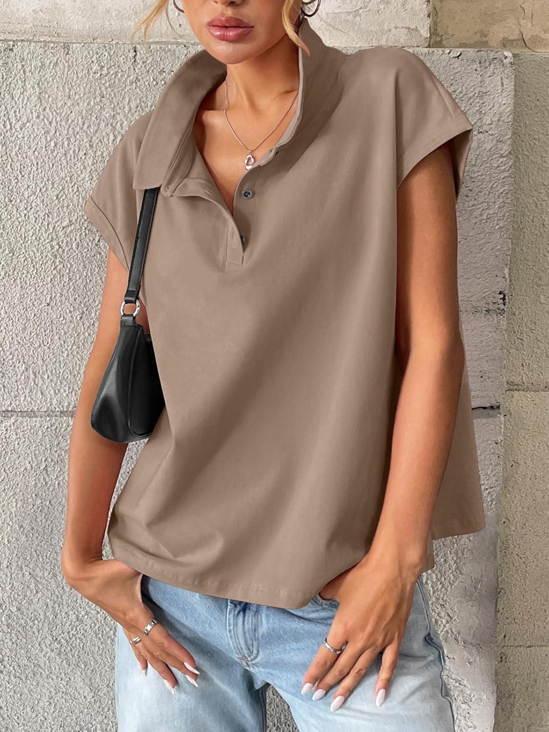 imageWomens Cotton Cap Sleeve Polo Shirts Oversized Short Sleeve Henley Neck Tops Summer Loose Fit Boxy TeesKhaki