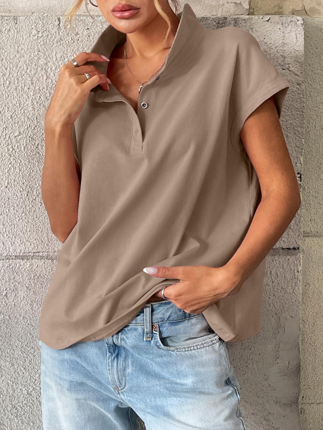 imageWomens Cotton Cap Sleeve Polo Shirts Oversized Short Sleeve Henley Neck Tops Summer Loose Fit Boxy TeesKhaki