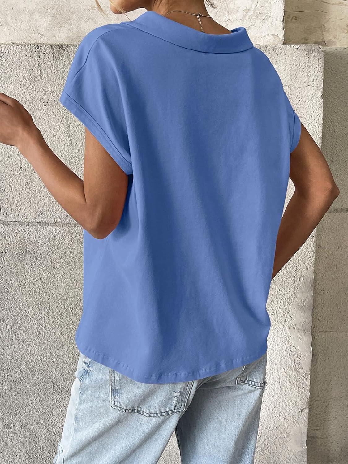 imageWomens Cotton Cap Sleeve Polo Shirts Oversized Short Sleeve Henley Neck Tops Summer Loose Fit Boxy TeesLight Blue