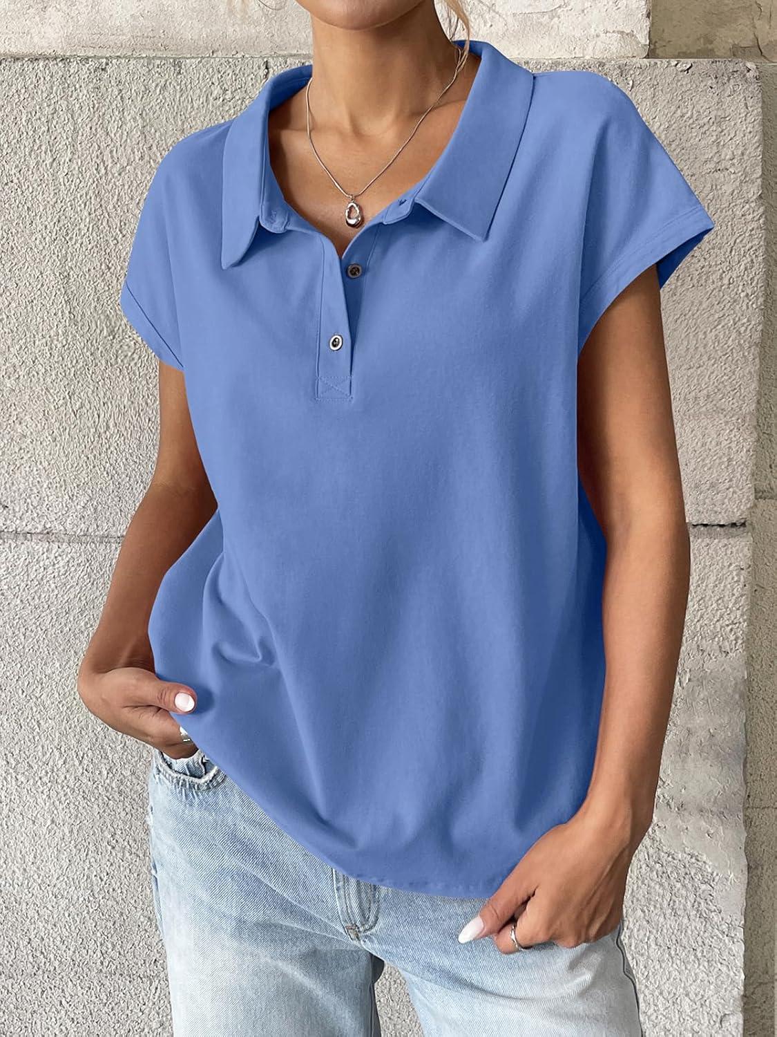 imageWomens Cotton Cap Sleeve Polo Shirts Oversized Short Sleeve Henley Neck Tops Summer Loose Fit Boxy TeesLight Blue
