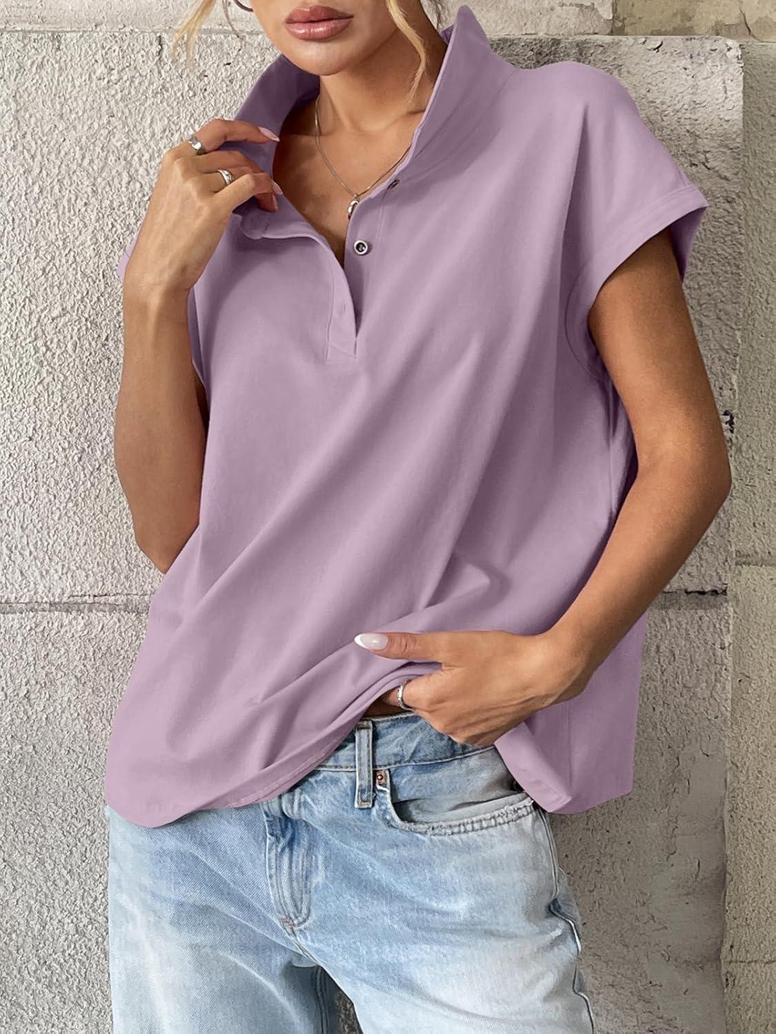 imageWomens Cotton Cap Sleeve Polo Shirts Oversized Short Sleeve Henley Neck Tops Summer Loose Fit Boxy TeesLight Purple