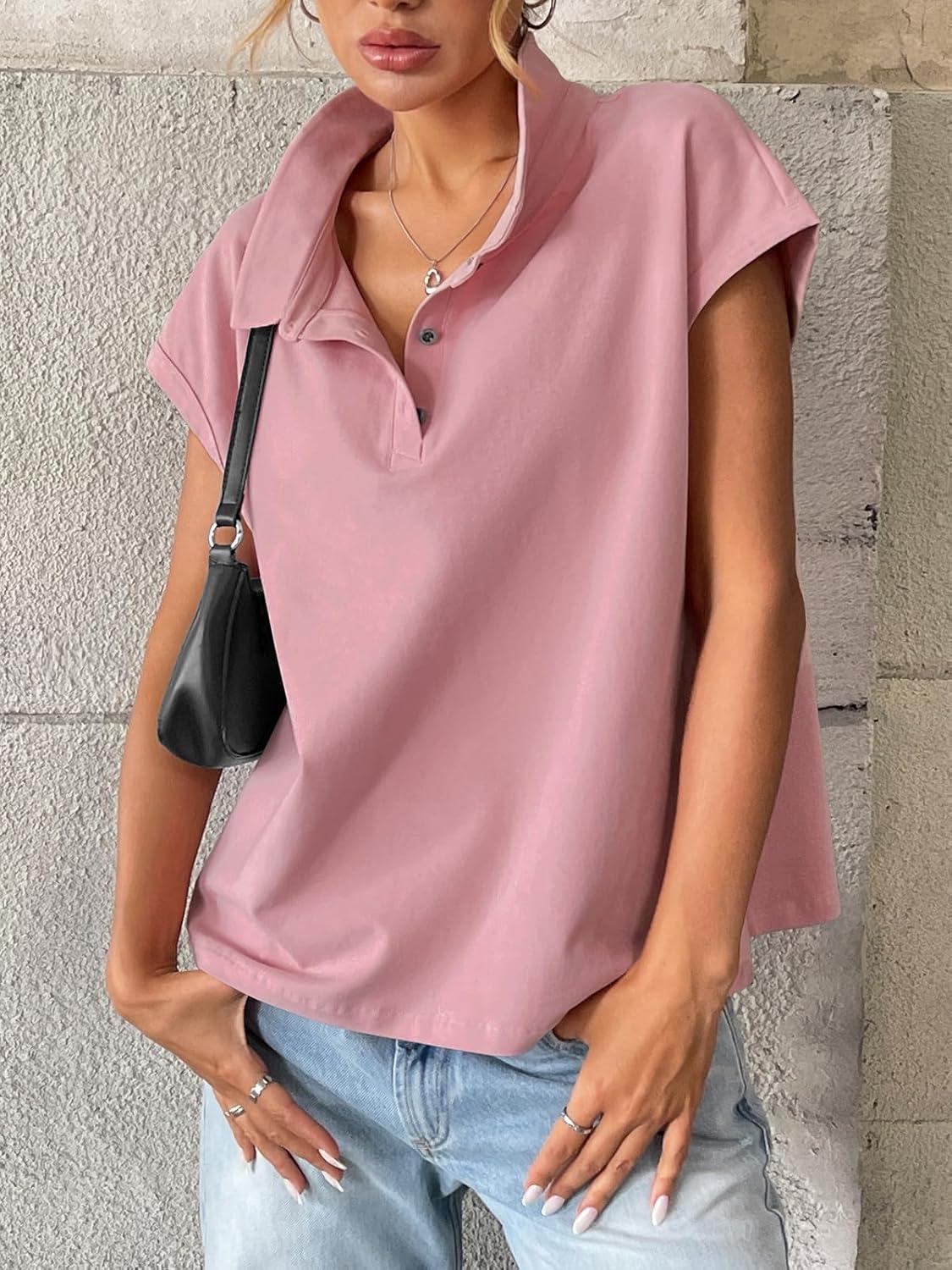 imageWomens Cotton Cap Sleeve Polo Shirts Oversized Short Sleeve Henley Neck Tops Summer Loose Fit Boxy TeesPink