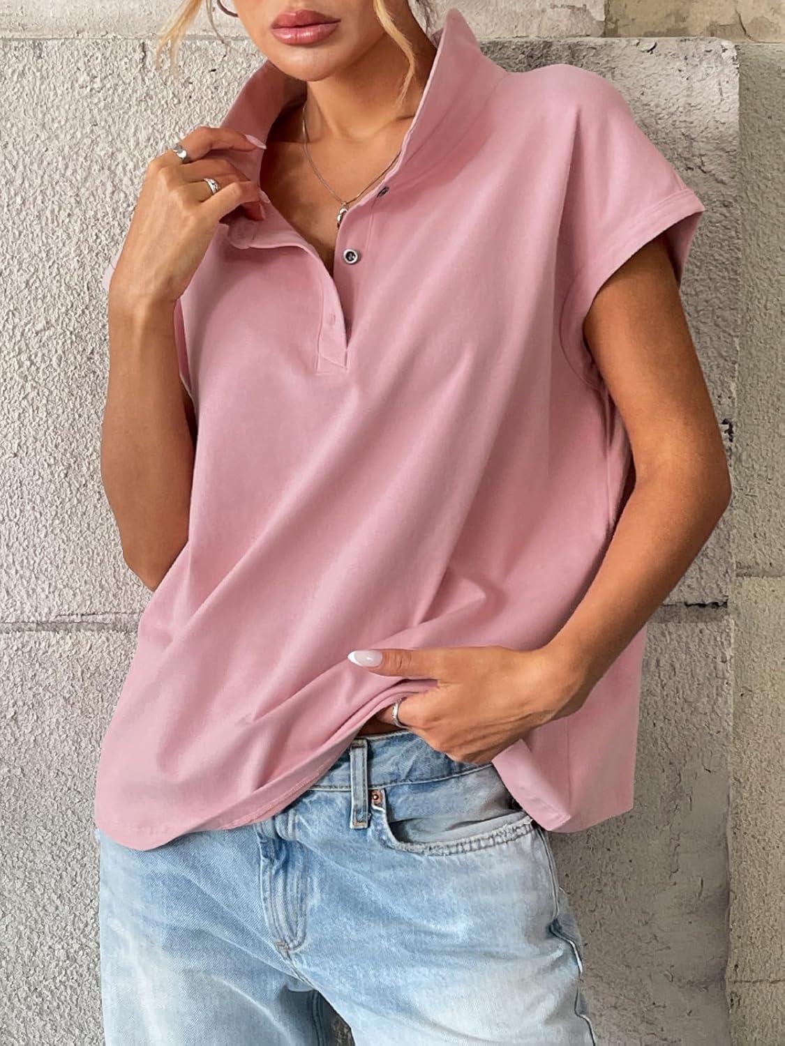 imageWomens Cotton Cap Sleeve Polo Shirts Oversized Short Sleeve Henley Neck Tops Summer Loose Fit Boxy TeesPink