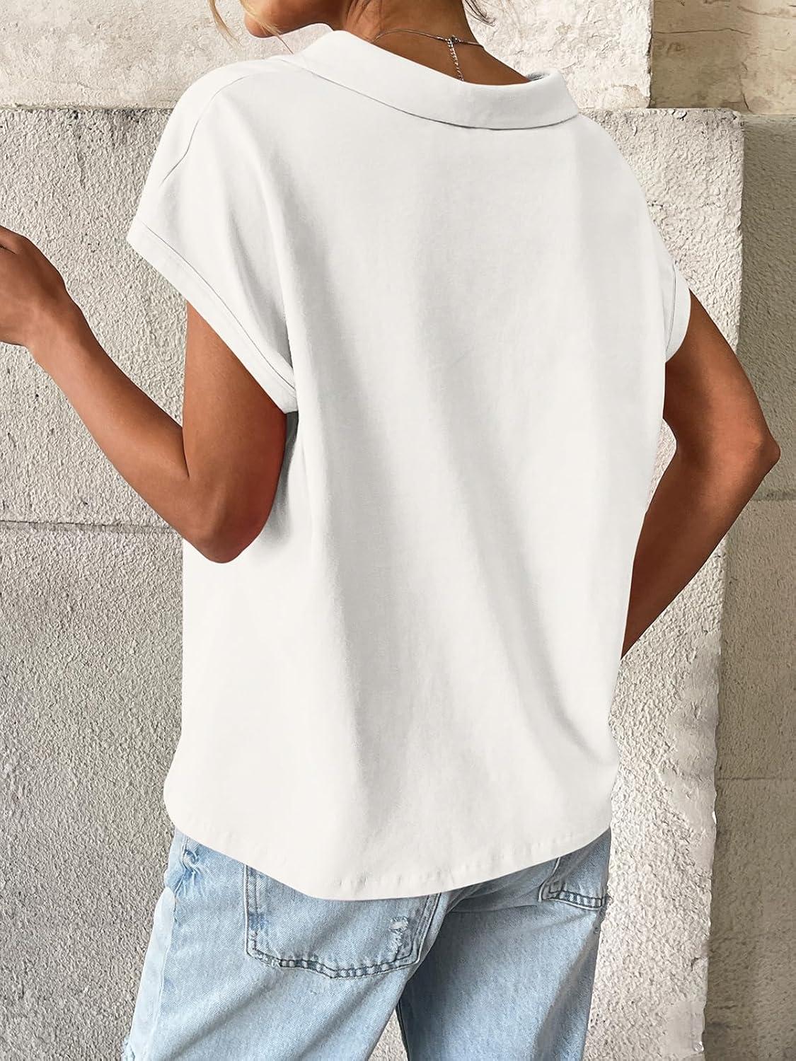 imageWomens Cotton Cap Sleeve Polo Shirts Oversized Short Sleeve Henley Neck Tops Summer Loose Fit Boxy TeesWhite