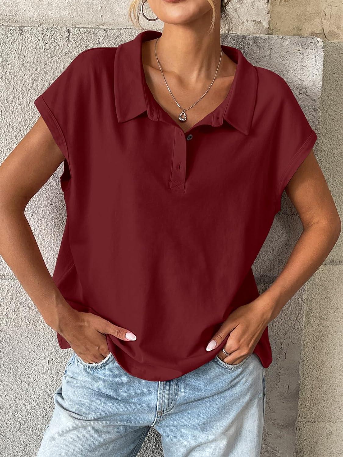 imageWomens Cotton Cap Sleeve Polo Shirts Oversized Short Sleeve Henley Neck Tops Summer Loose Fit Boxy TeesWine Red
