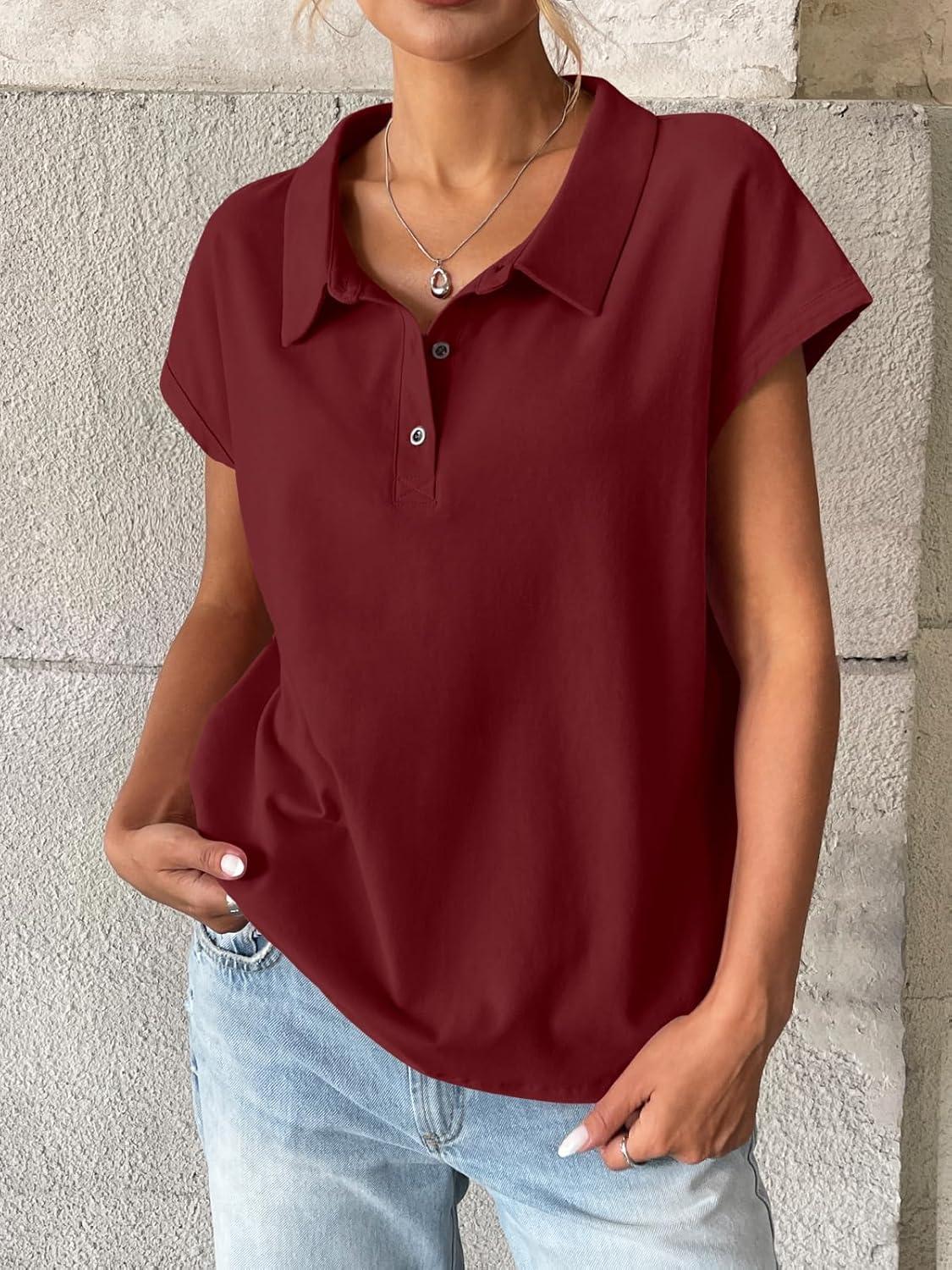 imageWomens Cotton Cap Sleeve Polo Shirts Oversized Short Sleeve Henley Neck Tops Summer Loose Fit Boxy TeesWine Red