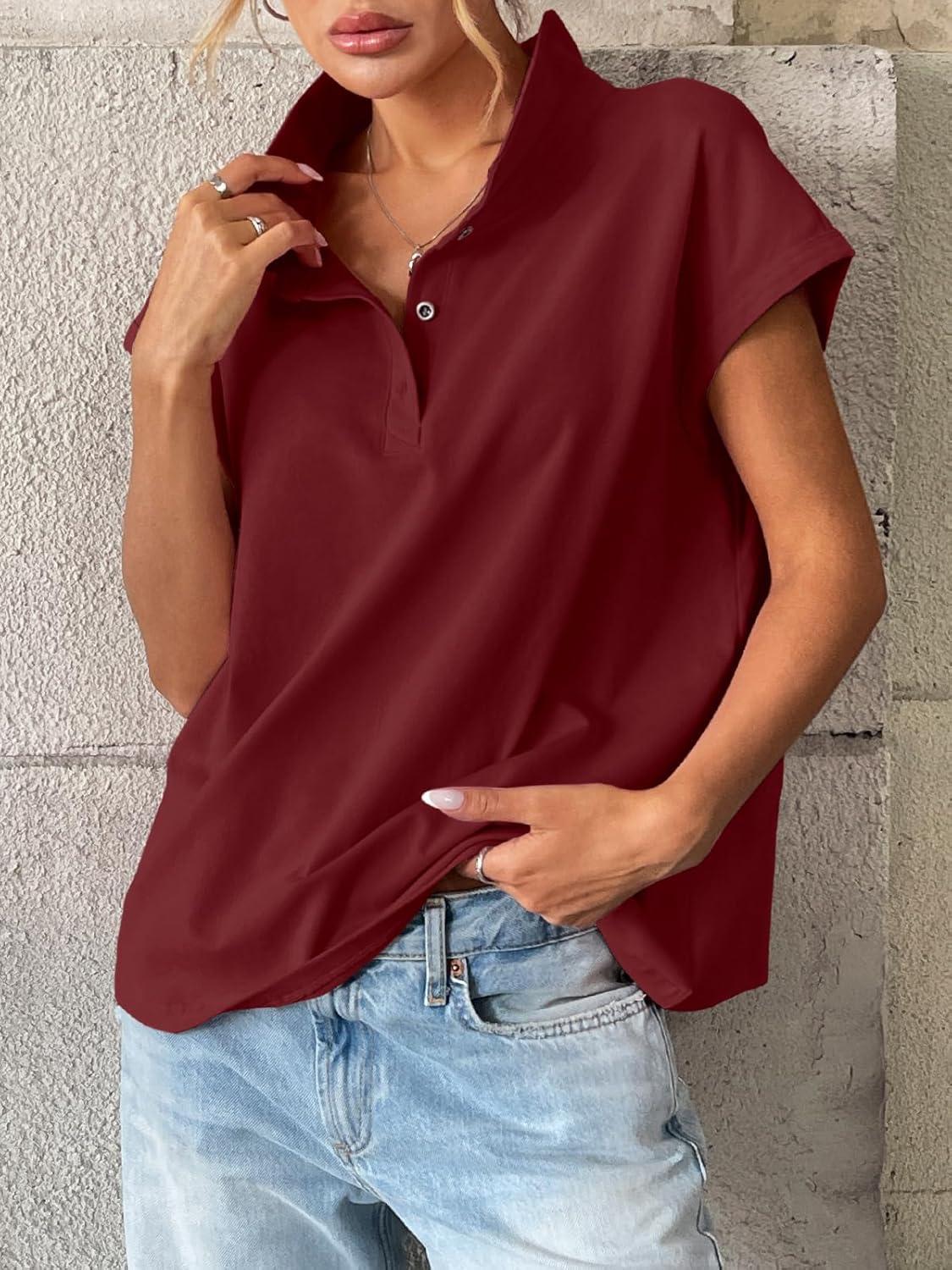 imageWomens Cotton Cap Sleeve Polo Shirts Oversized Short Sleeve Henley Neck Tops Summer Loose Fit Boxy TeesWine Red