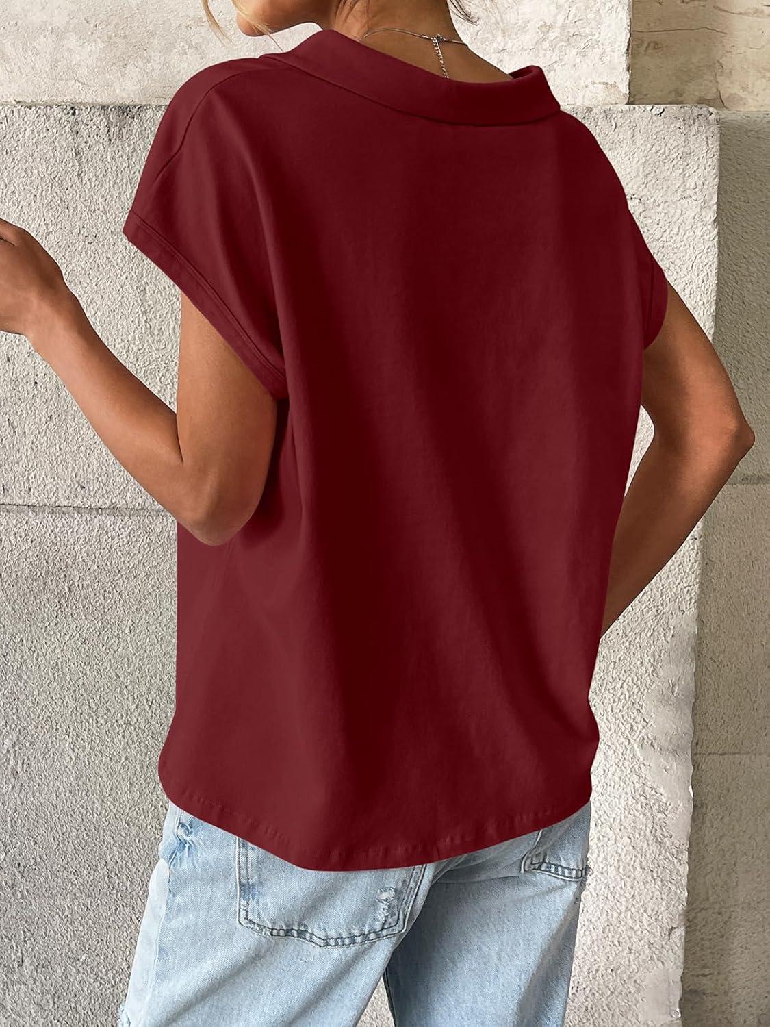 imageWomens Cotton Cap Sleeve Polo Shirts Oversized Short Sleeve Henley Neck Tops Summer Loose Fit Boxy TeesWine Red
