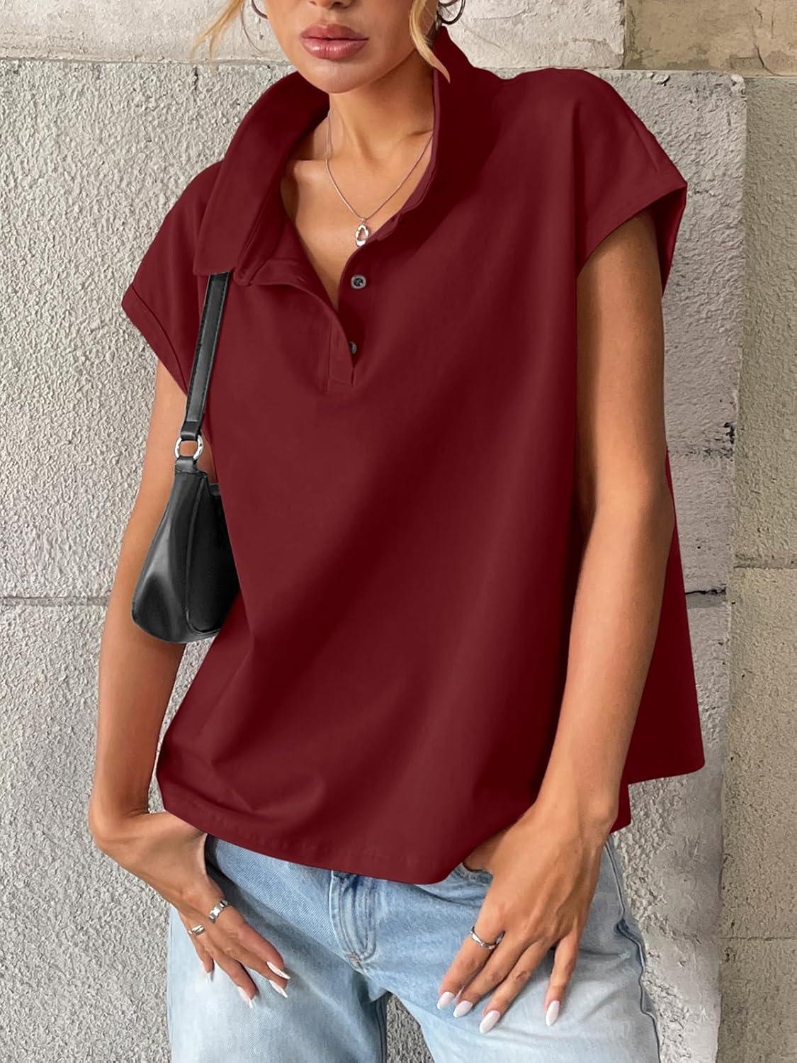 imageWomens Cotton Cap Sleeve Polo Shirts Oversized Short Sleeve Henley Neck Tops Summer Loose Fit Boxy TeesWine Red