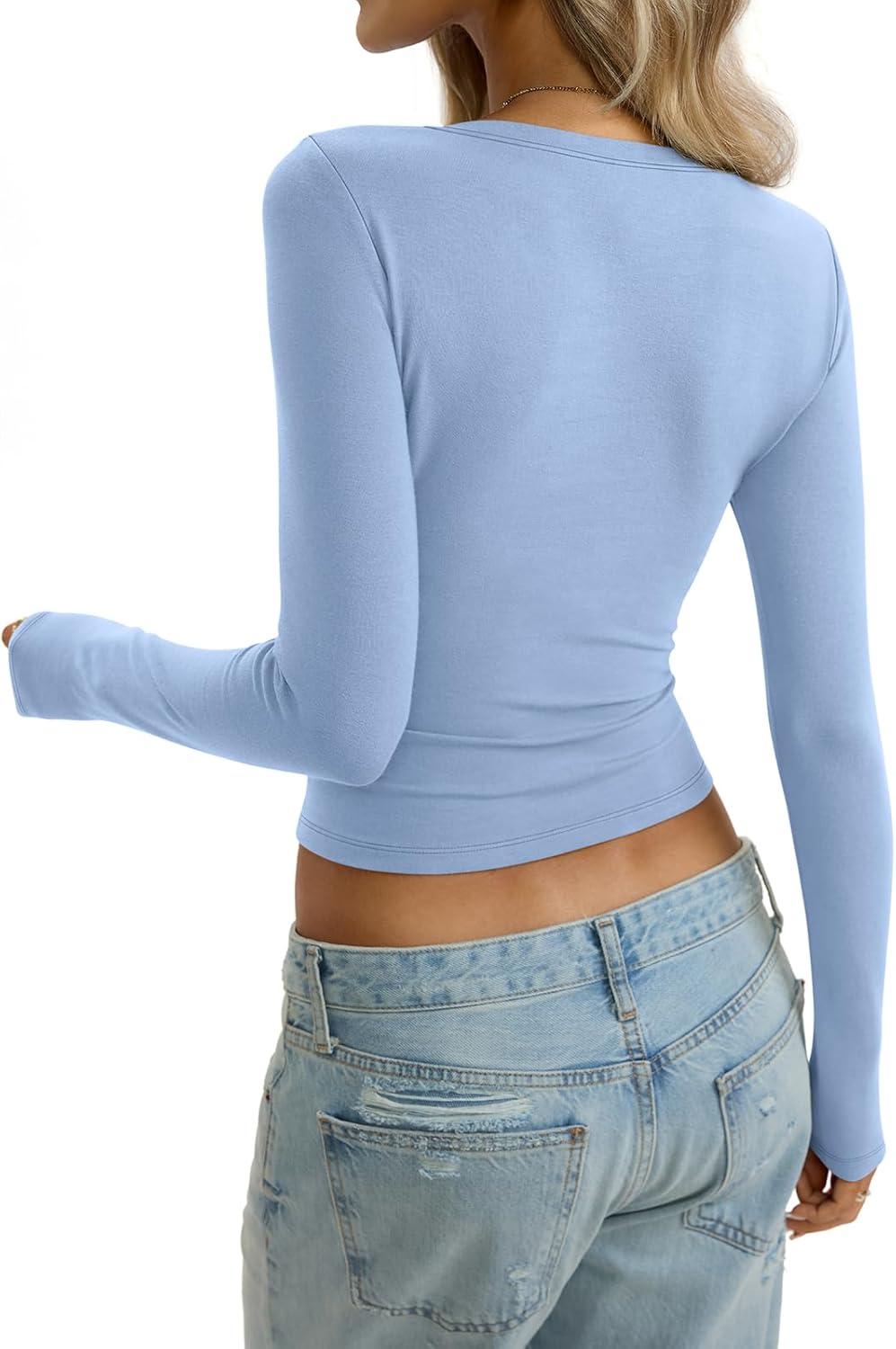 imageWomens Cotton Long Sleeve Shirts Wide Round Neck Fitted Tops Basic Going Out Crop Outfits Fall Undershirts 2026Baby Blue