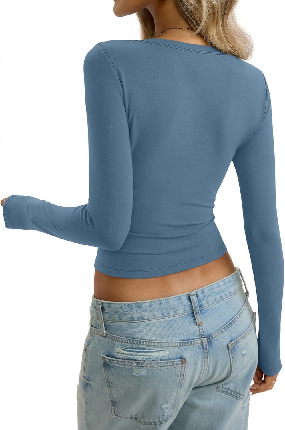 imageWomens Cotton Long Sleeve Shirts Wide Round Neck Fitted Tops Basic Going Out Crop Outfits Fall Undershirts 2026Kyanite