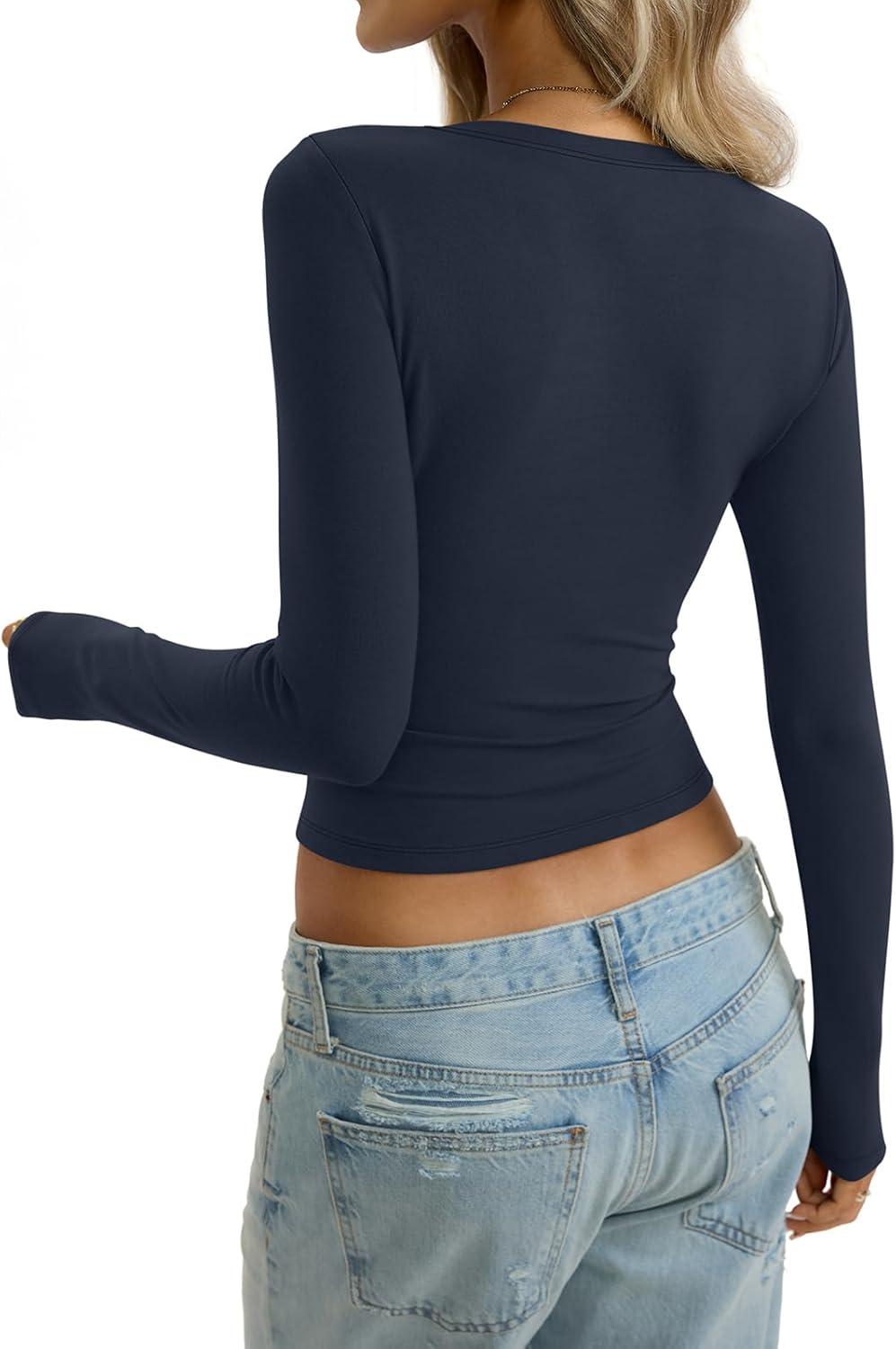 imageWomens Cotton Long Sleeve Shirts Wide Round Neck Fitted Tops Basic Going Out Crop Outfits Fall Undershirts 2026Navy Blue