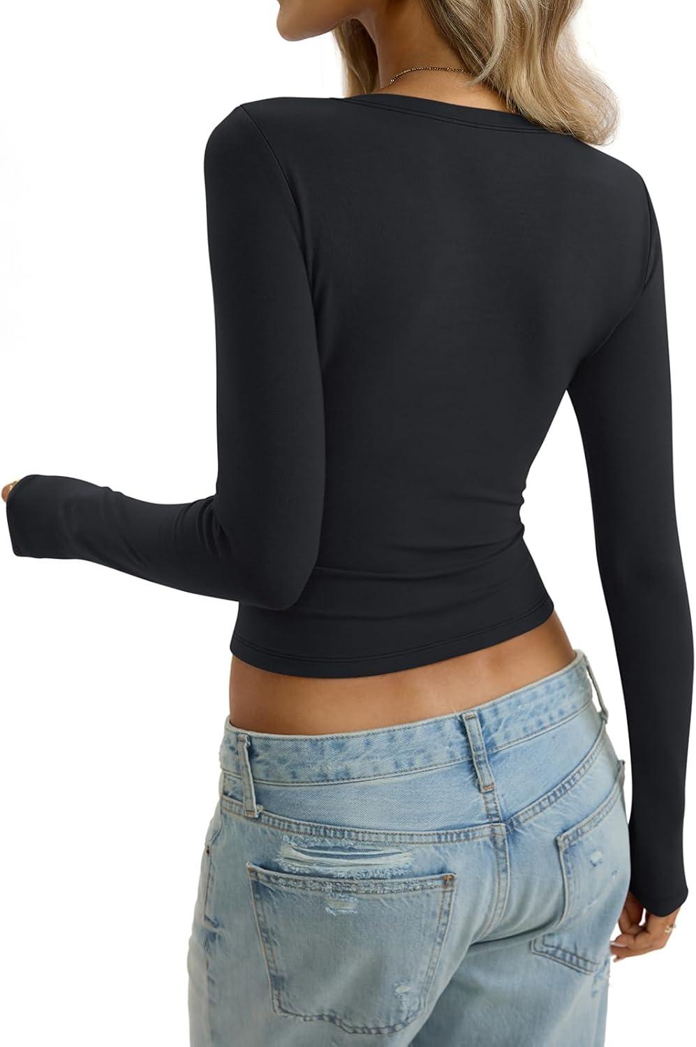 imageWomens Cotton Long Sleeve Shirts Wide Round Neck Fitted Tops Basic Going Out Crop Outfits Fall Undershirts 2026True Black