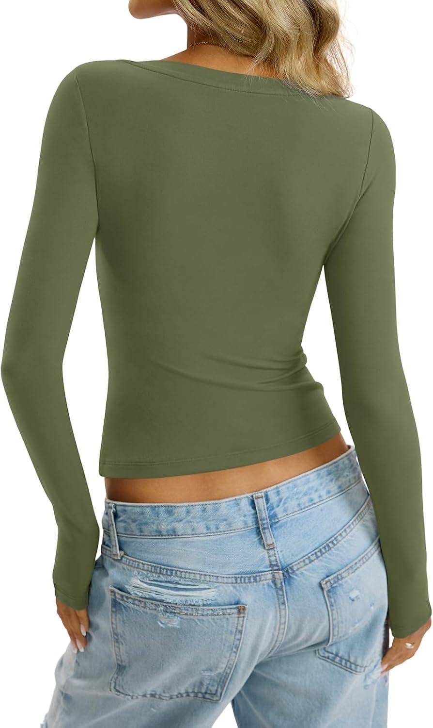 imageWomens Deep V Neck Long Sleeve Shirts Sexy Slim Fit Tops Basic Tees Fall Fashion Outfits Clothes 2025Army Green