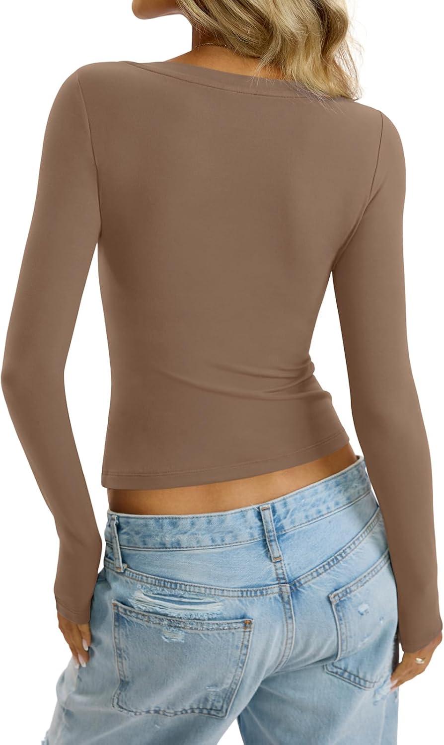 imageWomens Deep V Neck Long Sleeve Shirts Sexy Slim Fit Tops Basic Tees Fall Fashion Outfits Clothes 2025Khaki