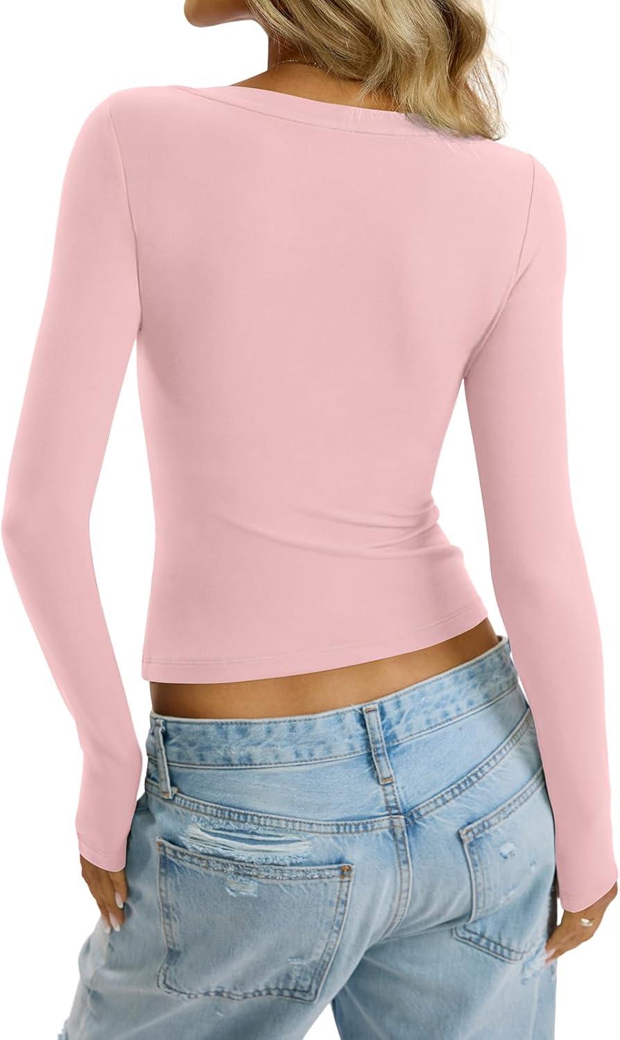 imageWomens Deep V Neck Long Sleeve Shirts Sexy Slim Fit Tops Basic Tees Fall Fashion Outfits Clothes 2025Pink