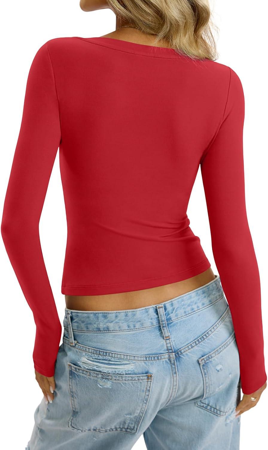 imageWomens Deep V Neck Long Sleeve Shirts Sexy Slim Fit Tops Basic Tees Fall Fashion Outfits Clothes 2025Red