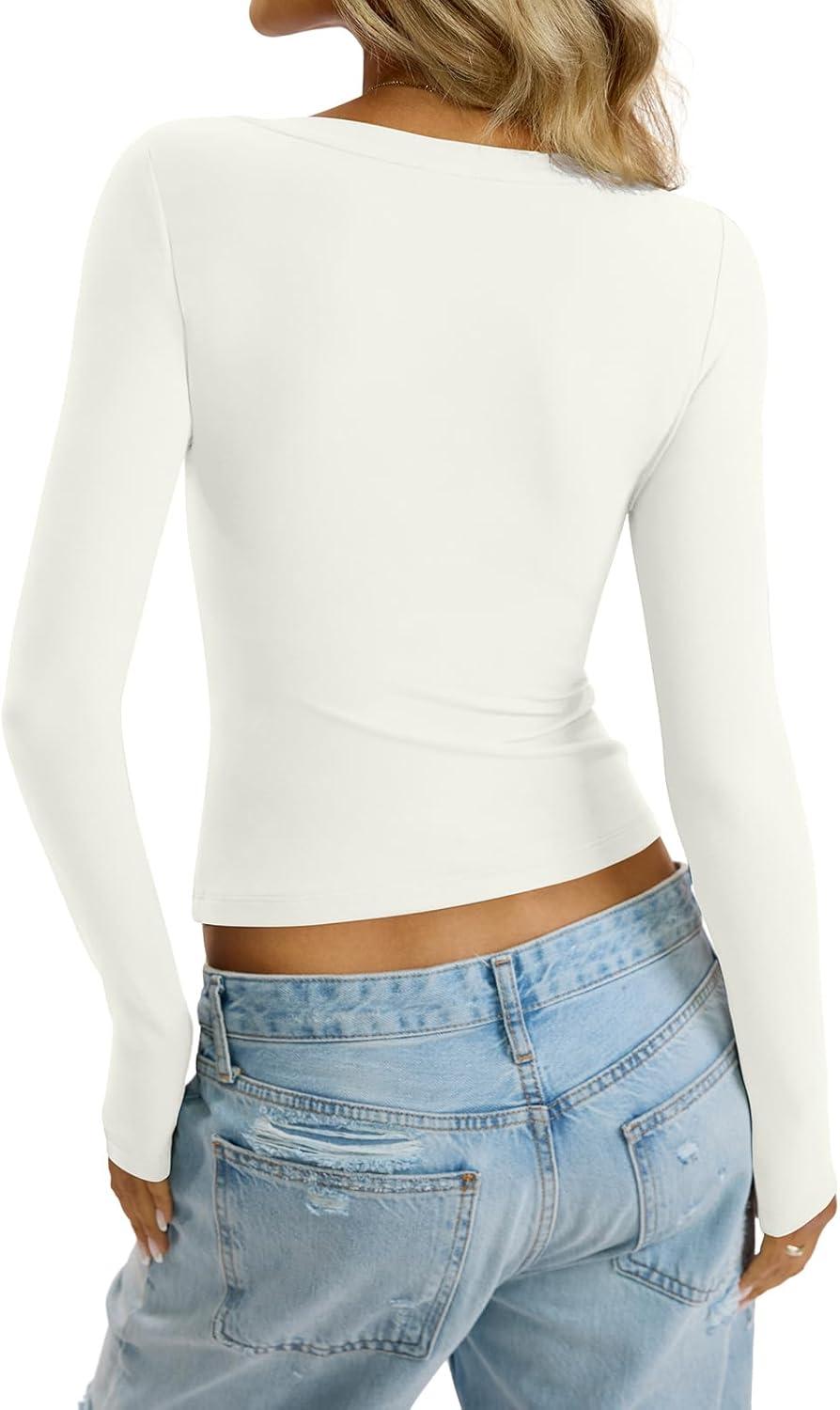 imageWomens Deep V Neck Long Sleeve Shirts Sexy Slim Fit Tops Basic Tees Fall Fashion Outfits Clothes 2025White