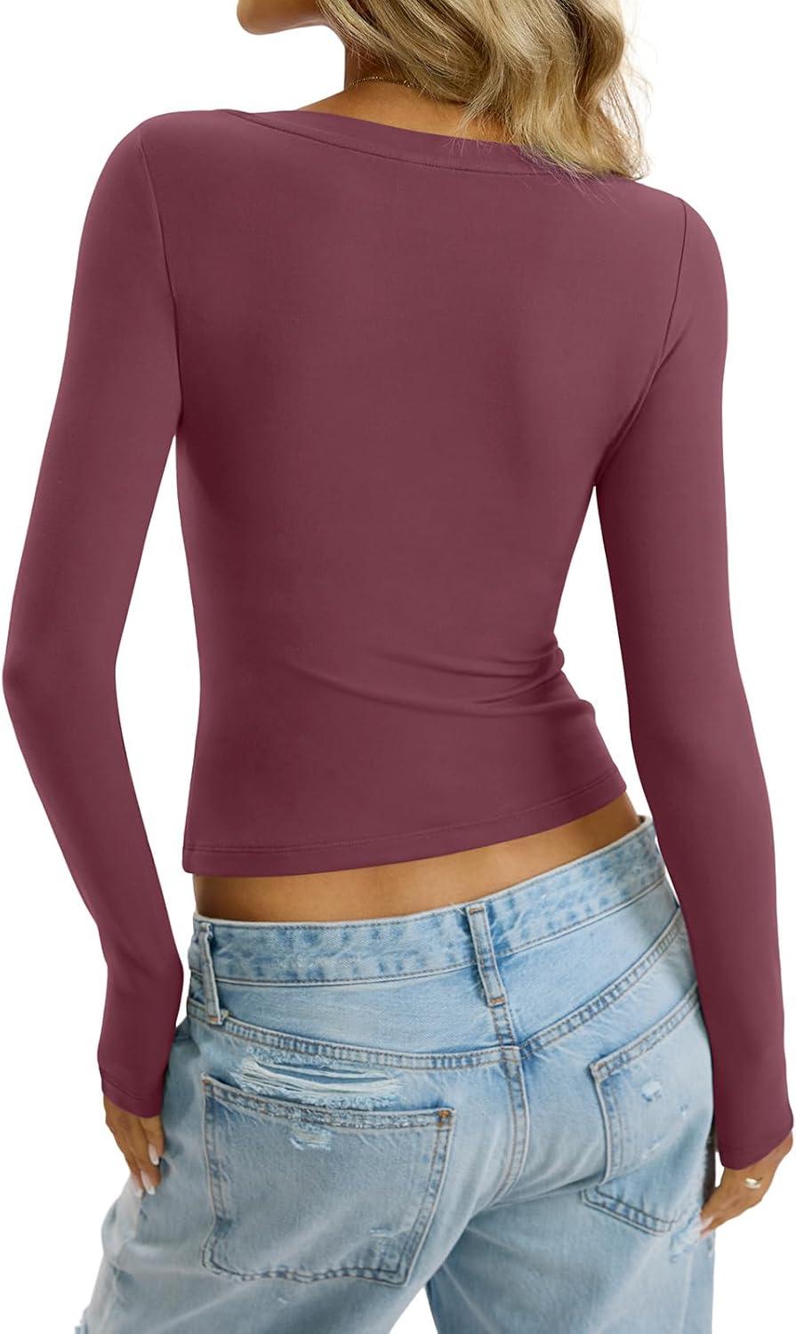 imageWomens Deep V Neck Long Sleeve Shirts Sexy Slim Fit Tops Basic Tees Fall Fashion Outfits Clothes 2025Wine Red