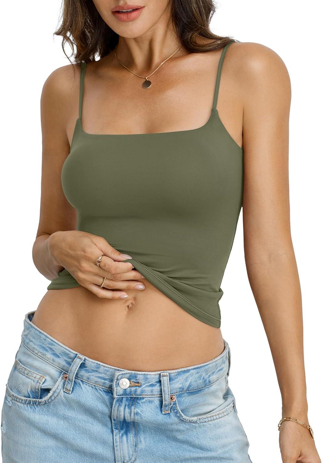 imageWomens Double Lined Crop Tank Top Adjustable Spaghetti Strap Camisole Fitted Summer Shirts Y2k Going Out TopsArmy Green