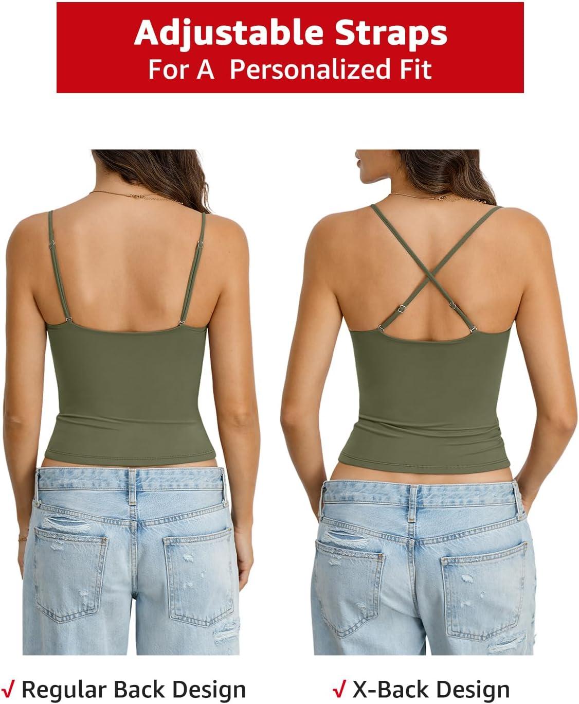 imageWomens Double Lined Crop Tank Top Adjustable Spaghetti Strap Camisole Fitted Summer Shirts Y2k Going Out TopsArmy Green