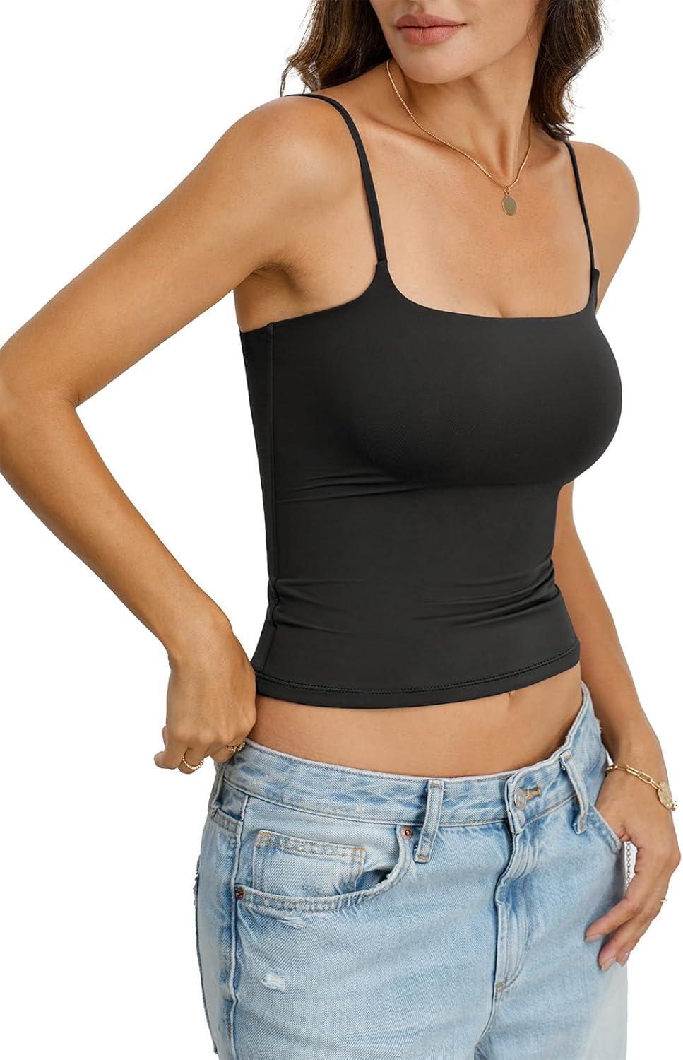 imageWomens Double Lined Crop Tank Top Adjustable Spaghetti Strap Camisole Fitted Summer Shirts Y2k Going Out TopsBlack