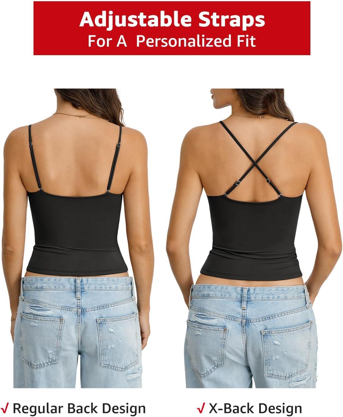 imageWomens Double Lined Crop Tank Top Adjustable Spaghetti Strap Camisole Fitted Summer Shirts Y2k Going Out TopsBlack