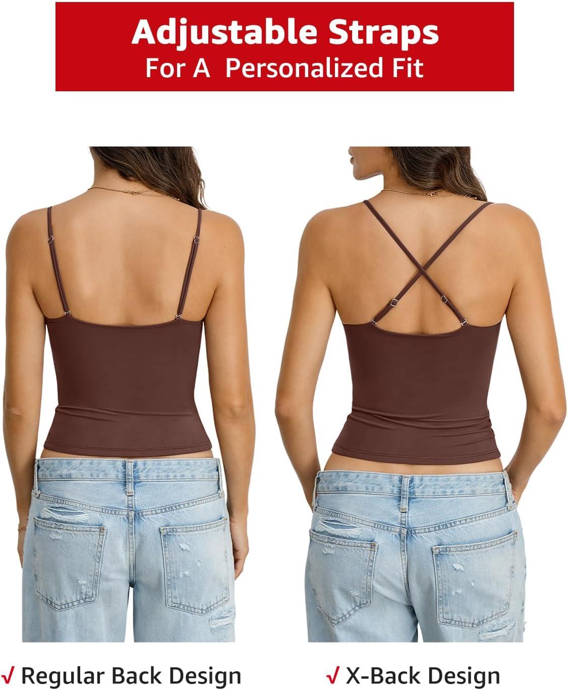 imageWomens Double Lined Crop Tank Top Adjustable Spaghetti Strap Camisole Fitted Summer Shirts Y2k Going Out TopsBrown