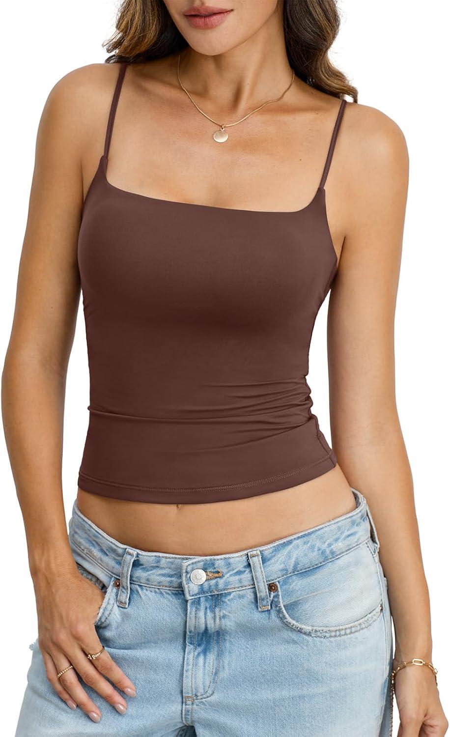 imageWomens Double Lined Crop Tank Top Adjustable Spaghetti Strap Camisole Fitted Summer Shirts Y2k Going Out TopsBrown