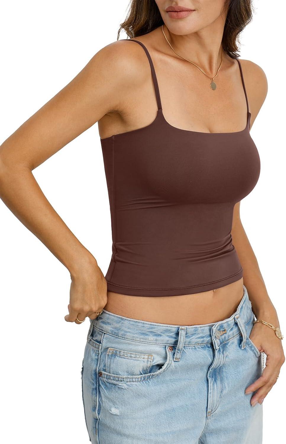 imageWomens Double Lined Crop Tank Top Adjustable Spaghetti Strap Camisole Fitted Summer Shirts Y2k Going Out TopsBrown