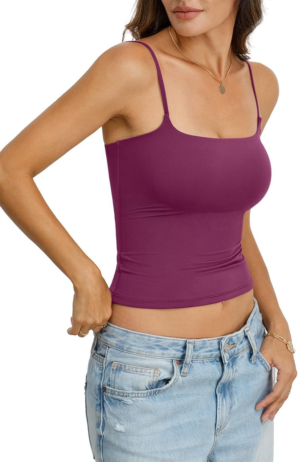 imageWomens Double Lined Crop Tank Top Adjustable Spaghetti Strap Camisole Fitted Summer Shirts Y2k Going Out TopsDark Magenta